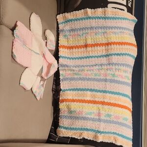 Colorful Handmade Crocheted Baby Blanket, Booties, Bonnet And Jacket